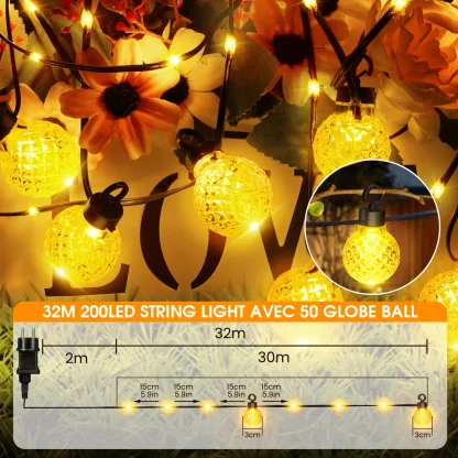 Guirlande lumineuse boules Lureshine 32 m – 200 LED blanc chaud — image 2
