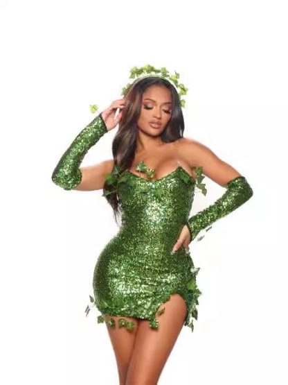 2023 European and American Costume Adult Leaf Sequins Halloween Playing Costume Sexy Dance Dress Costume dress — image 4