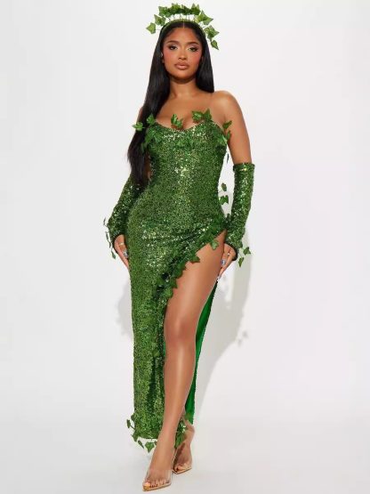 2023 European and American Costume Adult Leaf Sequins Halloween Playing Costume Sexy Dance Dress Costume dress — image 3