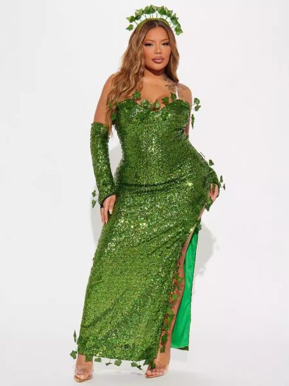 2023 European and American Costume Adult Leaf Sequins Halloween Playing Costume Sexy Dance Dress Costume dress — image 2