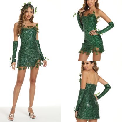 2023 European and American Costume Adult Leaf Sequins Halloween Playing Costume Sexy Dance Dress Costume dress — image 14