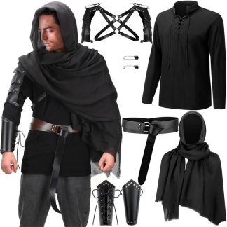 6Pcs Halloween Men Renaissance Costume Set Medieval Pirate Shirt Ankle Strap Pants