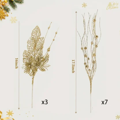 5/10 pièces de décorations dorées pour sapin de Noël, tiges de poinsettia scintillantes, branches de baies pour sapin de Noël, remplissage de vase, décoration de fête de mariage — image 8
