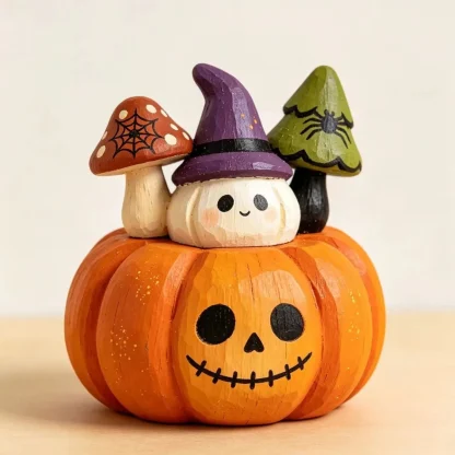 Figurines en bois peintes : hibou, fantôme, citrouille et chat — image 9
