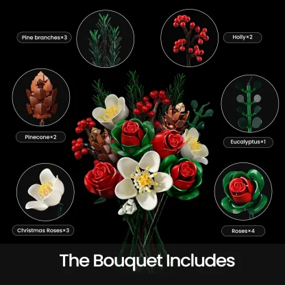 Ensemble de construction de Bouquet de Roses de noël, blocs de fleurs, décoration botanique artificielle pour la maison, cadeaux créatifs pour la saint-valentin pour adultes — image 5