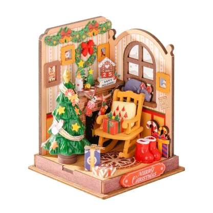 Robotime Rolife maison Miniature cadeaux de noël décoration de cheminée pour la maison bibliothèque maison de poupée 3D bricolage modèle de Puzzle en bois — image 2
