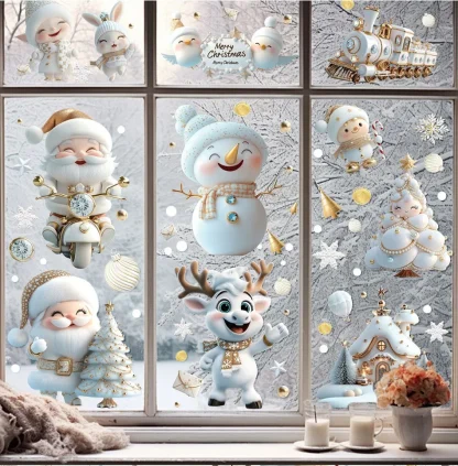 Autocollants en verre de Noël blancs, décoration murale, autocollants de fenêtre de Noël avec Père Noël de dessin animé, décoration de Noël, Joyeux Noël, Bonne année 2026 — image 8