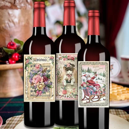 Autocollants de bouteille de vin vintage, père Noël rose, papier de cerf, décorations de fête joyeux Noël, fournitures de cadeaux Noel, 12 pièces