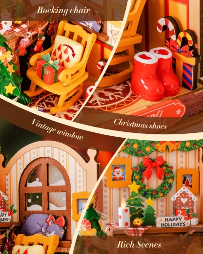 Robotime Rolife maison Miniature cadeaux de noël décoration de cheminée pour la maison bibliothèque maison de poupée 3D bricolage modèle de Puzzle en bois — image 18