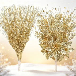 5/10 pièces de décorations dorées pour sapin de Noël, tiges de poinsettia scintillantes, branches de baies pour sapin de Noël, remplissage de vase, décoration de fête de mariage