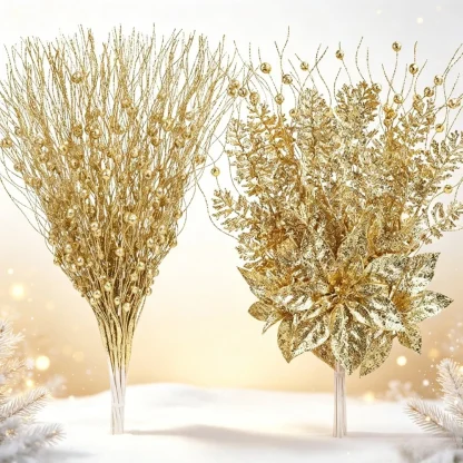 5/10 pièces de décorations dorées pour sapin de Noël, tiges de poinsettia scintillantes, branches de baies pour sapin de Noël, remplissage de vase, décoration de fête de mariage
