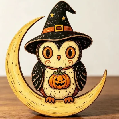 Figurines en bois peintes : hibou, fantôme, citrouille et chat — image 10