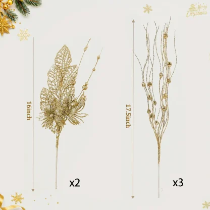 5/10 pièces de décorations dorées pour sapin de Noël, tiges de poinsettia scintillantes, branches de baies pour sapin de Noël, remplissage de vase, décoration de fête de mariage — image 7