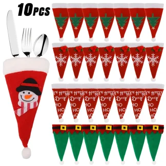 Ensemble de couverts de noël, couvercle de bouteille de vin, chapeau de père noël, fourchette, couteau, porte-vaisselle, sac, décorations de Table à dîner, 10/1 pièces