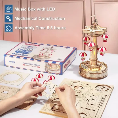 Robotime ROKR – Boîte à musique manège, puzzle 3D en bois — image 4