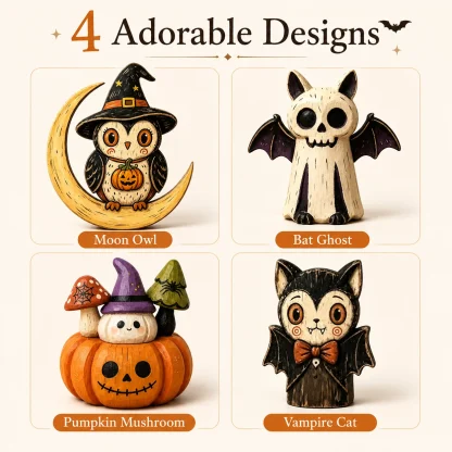 Figurines en bois peintes : hibou, fantôme, citrouille et chat — image 2