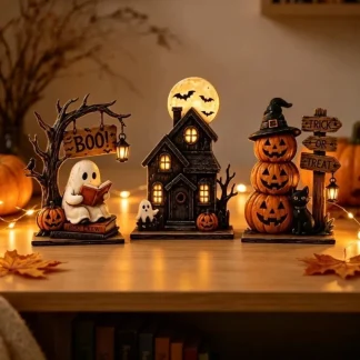 Ensemble de décorations d'Halloween, styles vintage, décorations d'intérieur en bois pour étagères, avec des éléments tels que des fantômes et des citrouilles