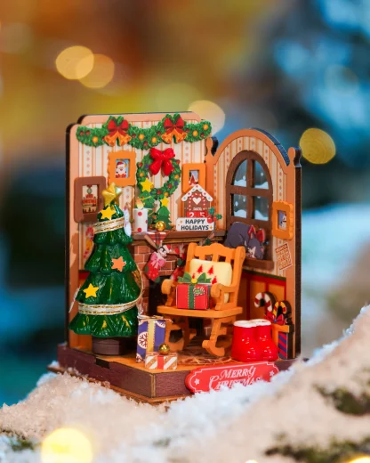 Robotime Rolife maison Miniature cadeaux de noël décoration de cheminée pour la maison bibliothèque maison de poupée 3D bricolage modèle de Puzzle en bois — image 23