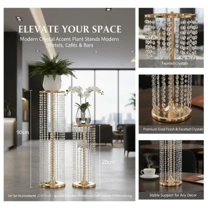 Lot de 2 porte-plantes dorés 90 cm avec vase en cristal — image 2