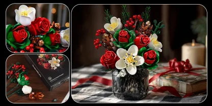 Ensemble de construction de Bouquet de Roses de noël, blocs de fleurs, décoration botanique artificielle pour la maison, cadeaux créatifs pour la saint-valentin pour adultes — image 12