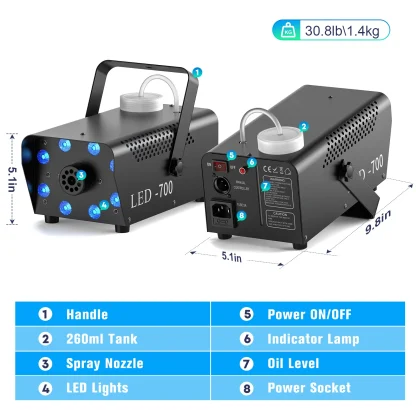 U'King 700W Machine à fumée RGB 3in1 8 LED scène coloré Spray Machine à brouillard lumière de scène Banquet de mariage Disco DJ spectacle de noël — image 6