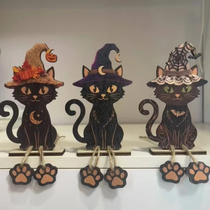 Lot de 3 chats noirs décoratifs en bois — image 7