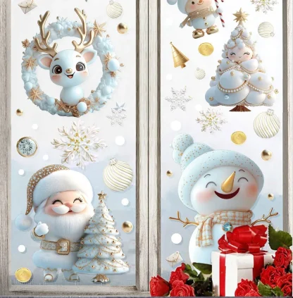 Autocollants en verre de Noël blancs, décoration murale, autocollants de fenêtre de Noël avec Père Noël de dessin animé, décoration de Noël, Joyeux Noël, Bonne année 2026 — image 9