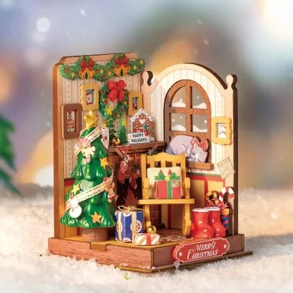 Robotime Rolife maison Miniature cadeaux de noël décoration de cheminée pour la maison bibliothèque maison de poupée 3D bricolage modèle de Puzzle en bois — image 4