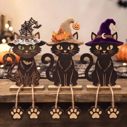 Lot de 3 chats noirs décoratifs en bois — image 8
