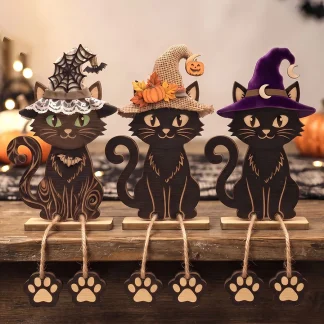 Ensemble de 3 décorations de table en bois représentant des chats noirs d'Halloween, design vintage de chat noir, idéal pour les décorations de récolte d'automne et de Thanksgiving, parfait pour décorer les bureaux, les salles d'étude, les salons, les chambres et les bureaux, cadeau d'Hallowe