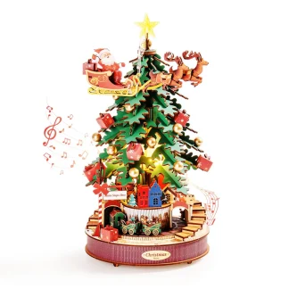 Robotime Rolife Boîtes à musique arbre mélodique de Noël Puzzle en bois 3D avec lumière Cadeaux parfaits pour la famille Jouets faciles à assembler