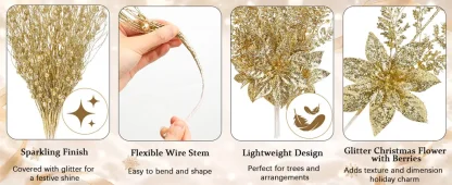 5/10 pièces de décorations dorées pour sapin de Noël, tiges de poinsettia scintillantes, branches de baies pour sapin de Noël, remplissage de vase, décoration de fête de mariage — image 20