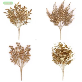Fleur artificielle dorée et argentée, fausses feuilles de fleurs, plantes en plastique, Bouquet de mariage, décoration de Table pour la maison, accessoire Photo