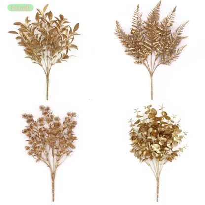 Fleur artificielle dorée et argentée, fausses feuilles de fleurs, plantes en plastique, Bouquet de mariage, décoration de Table pour la maison, accessoire Photo
