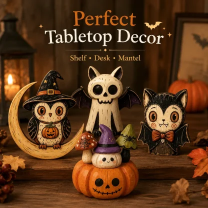 Figurines en bois peintes : hibou, fantôme, citrouille et chat — image 11