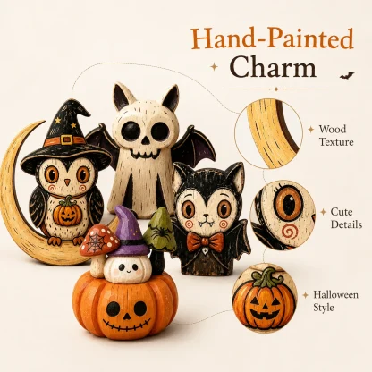 Figurines en bois peintes : hibou, fantôme, citrouille et chat — image 13