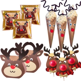 Sacs à bonbons ReinDeer de dessin animé, boîtes à biscuits, porte-sucette, cartes, décorations de fête de joyeux noël, fournitures d'emballage de cuisson à faire soi-même