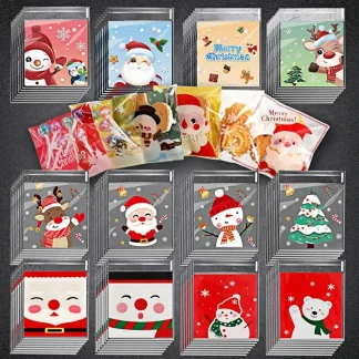 Sacs en Cellophane de noël, 100 à 300 pièces, sacs à bonbons de noël, sacs de friandises transparents de vacances, sacs transparents auto-adhésifs pour bonbons et biscuits, cadeaux