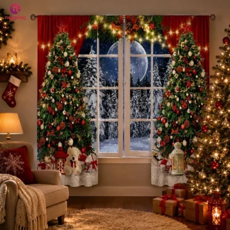 Rideaux de Noël semi-occultants 2 pièces, draperies à imprimé Père Noël et sapin de Noël, décoration festive pour la maison, la chambre, le salon, la fête de Noël