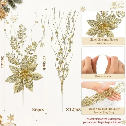 5/10 pièces de décorations dorées pour sapin de Noël, tiges de poinsettia scintillantes, branches de baies pour sapin de Noël, remplissage de vase, décoration de fête de mariage — image 14