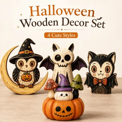 Figurines en bois peintes : hibou, fantôme, citrouille et chat — image 4