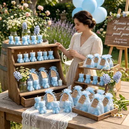 10 ensembles de bougies en forme d'ours bleu, style minimaliste mignon, idéal pour les jeunes familles urbaines, les organisateurs de fêtes, parfait pour les cadeaux de baby shower, les anniversaires, l'ambiance des soirées pyjama pour filles et la décoration de table de fête. — image 7