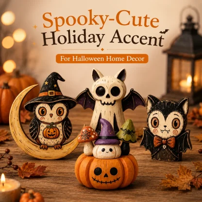 Figurines en bois peintes : hibou, fantôme, citrouille et chat — image 5