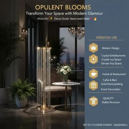 Lot de 2 porte-plantes dorés 90 cm avec vase en cristal — image 4