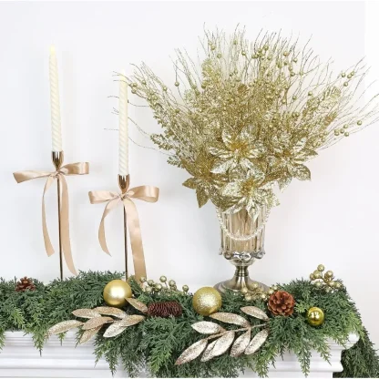 5/10 pièces de décorations dorées pour sapin de Noël, tiges de poinsettia scintillantes, branches de baies pour sapin de Noël, remplissage de vase, décoration de fête de mariage — image 16