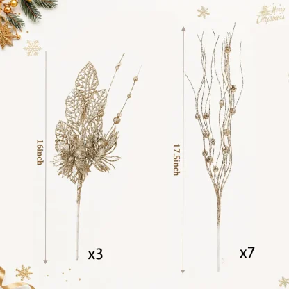 5/10 pièces de décorations dorées pour sapin de Noël, tiges de poinsettia scintillantes, branches de baies pour sapin de Noël, remplissage de vase, décoration de fête de mariage — image 10