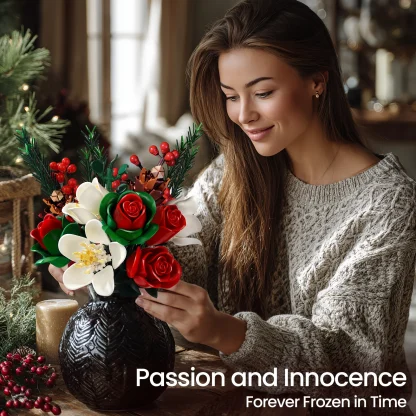 Ensemble de construction de Bouquet de Roses de noël, blocs de fleurs, décoration botanique artificielle pour la maison, cadeaux créatifs pour la saint-valentin pour adultes — image 2