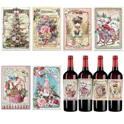 Autocollants de bouteille de vin vintage, père Noël rose, papier de cerf, décorations de fête joyeux Noël, fournitures de cadeaux Noel, 12 pièces — image 4