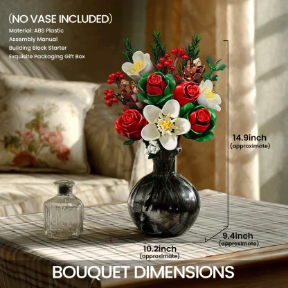 Ensemble de construction de Bouquet de Roses de noël, blocs de fleurs, décoration botanique artificielle pour la maison, cadeaux créatifs pour la saint-valentin pour adultes — image 14