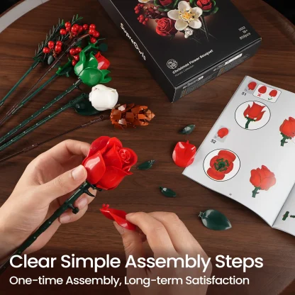 Ensemble de construction de Bouquet de Roses de noël, blocs de fleurs, décoration botanique artificielle pour la maison, cadeaux créatifs pour la saint-valentin pour adultes — image 6